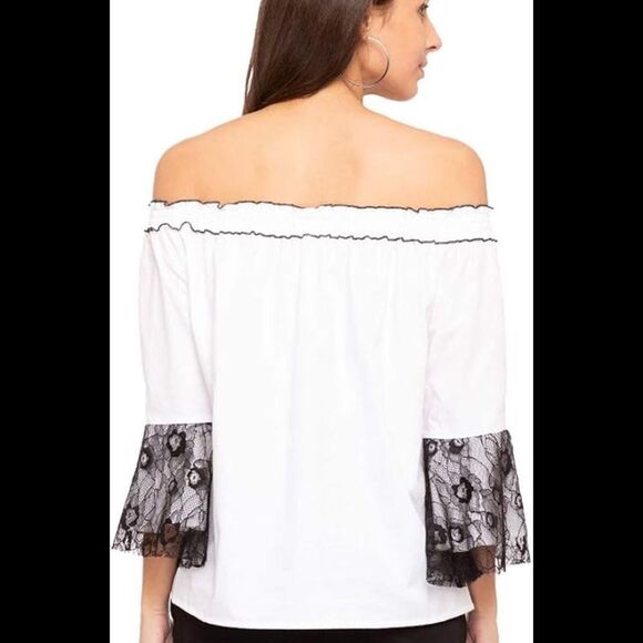 Zara Basic Top White Off Shoulder Bell Sleeve Black Lace Size Small Loose Fit - Picture 1 of 10